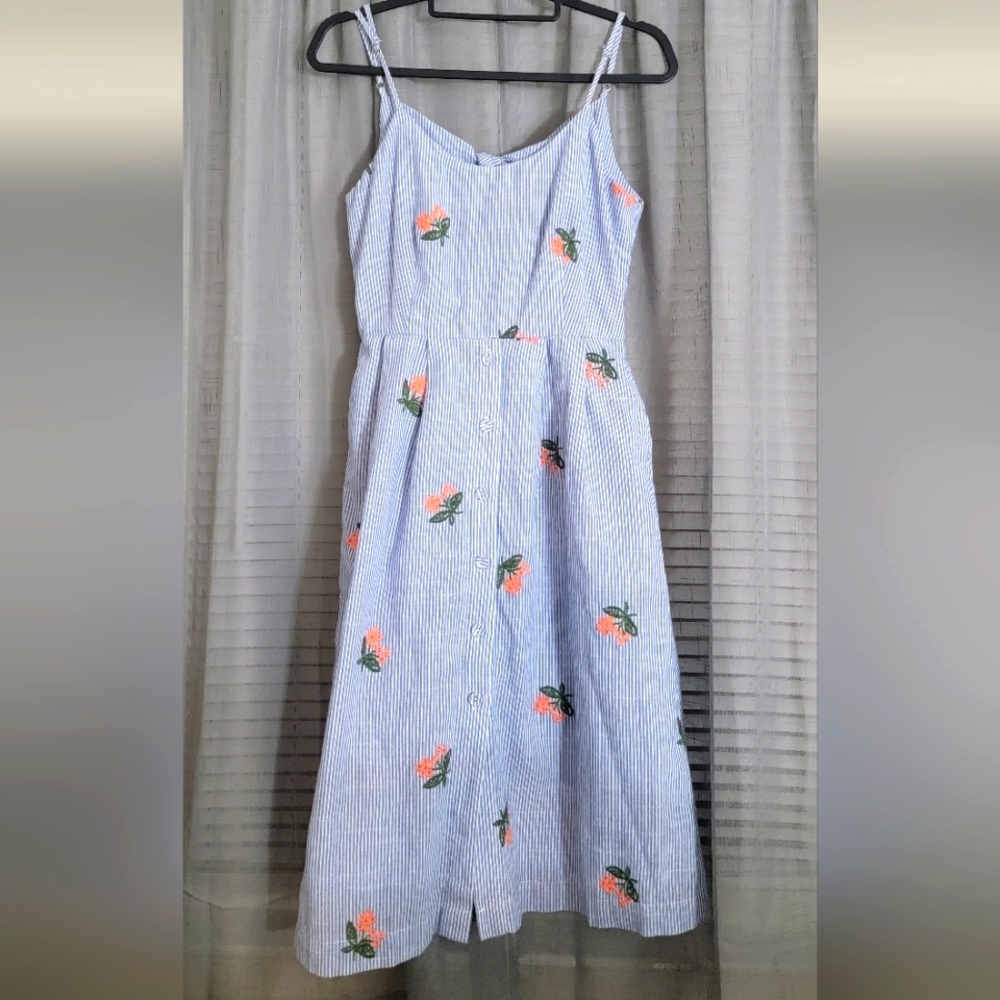 J.O.A. Blue & White Stripe Midi Dress with Peach Embroidery